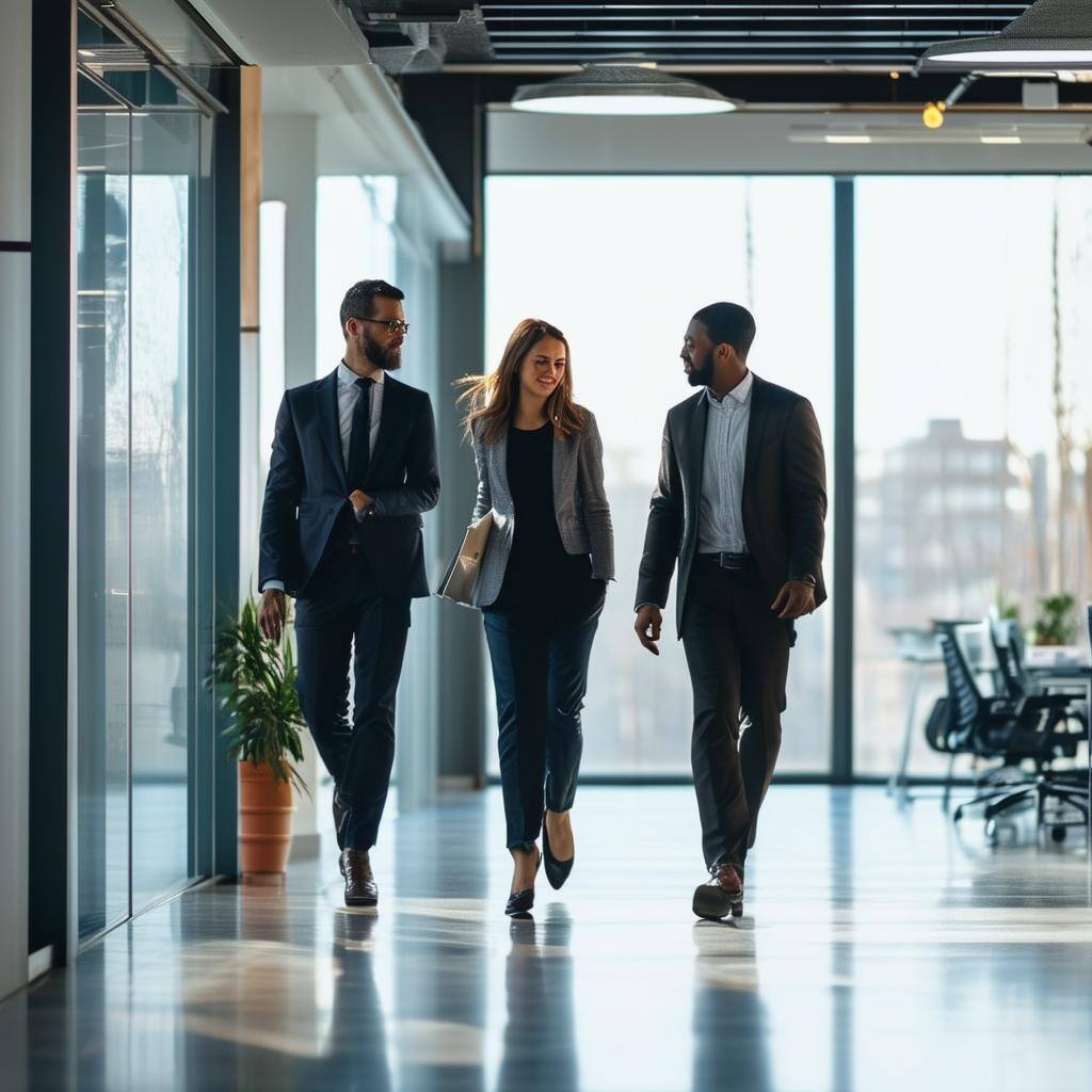 3 business people walking through an office