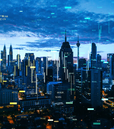 FInance and trade concept. Creative night city backdrop with glowing forex chart. Double exposure
