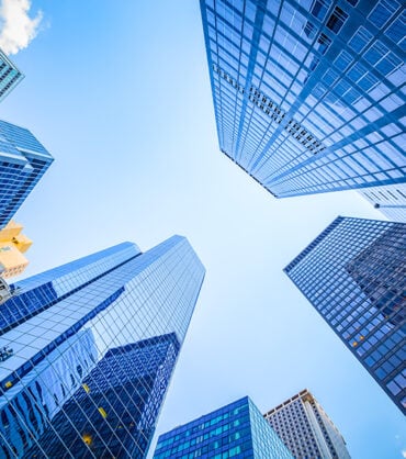 Up view in financial district, Manhattan, New York