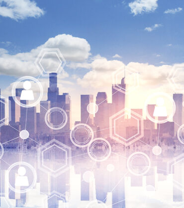 Bright city and sky background with digital business interface. HUD and media concept. Double exposure