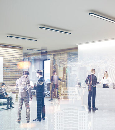Modern office interior with a white reception counter, business people talking and glass wall offices in the background. A poster. 3d rendering mock up toned image double exposure