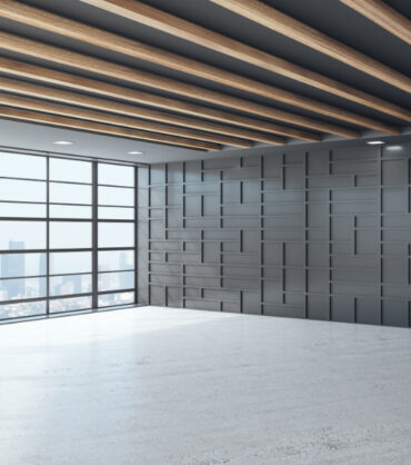 Black empty office interior with city view, daylight and wooden floor. 3D Rendering