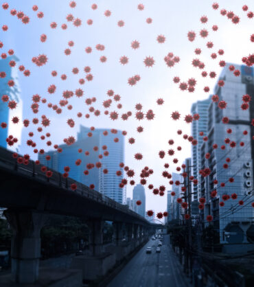 Coronavirus quarantine. City closed for quarantine with covid virus in the air 3D rendering.