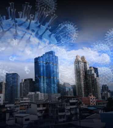 Coronavirus quarantine. City closed for quarantine with covid virus in the air 3D rendering.