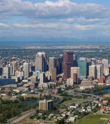 Aerial view of downtown Calgary highrise towers
