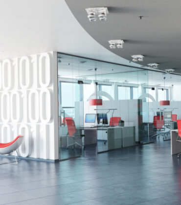 Very realistic 3D rendering of a modern corporate office in white, glass and red