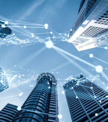 Imaginative visual of smart digital city with globalization abstract graphic showing connection network . Concept of future 5G smart wireless digital city and social media networking systems .
