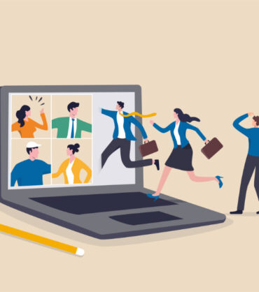 Hybrid work, remotely work from home virtually or work in office onsite, flexible for employee benefit concept, businessman and his colleague virtually get into the computer laptop conference meeting.