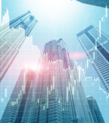 Universal finance abstract background Economic Trading growth graph chart on futuristic dubai city. Double exposure.